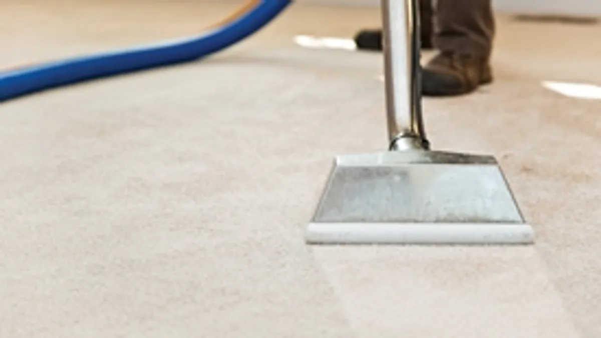 Carpet cleaning wand head gliding over a light carpet during hot-water extraction, Rochester, NY.