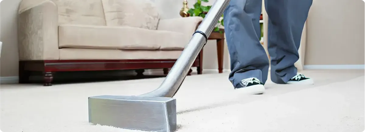 Carpet cleaning technician using a hot-water extraction wand on a light-colored carpet in a living room, Rochester, NY.